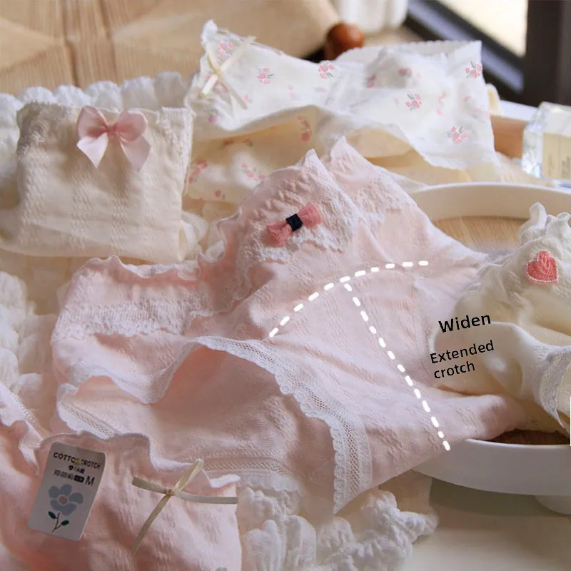 Girls Sweet Cute Ruffled Lace Bowknot A Class Cotton Panties Pure Cotton Antibacterial Crotch Breathable Triangle Panties 2pcs