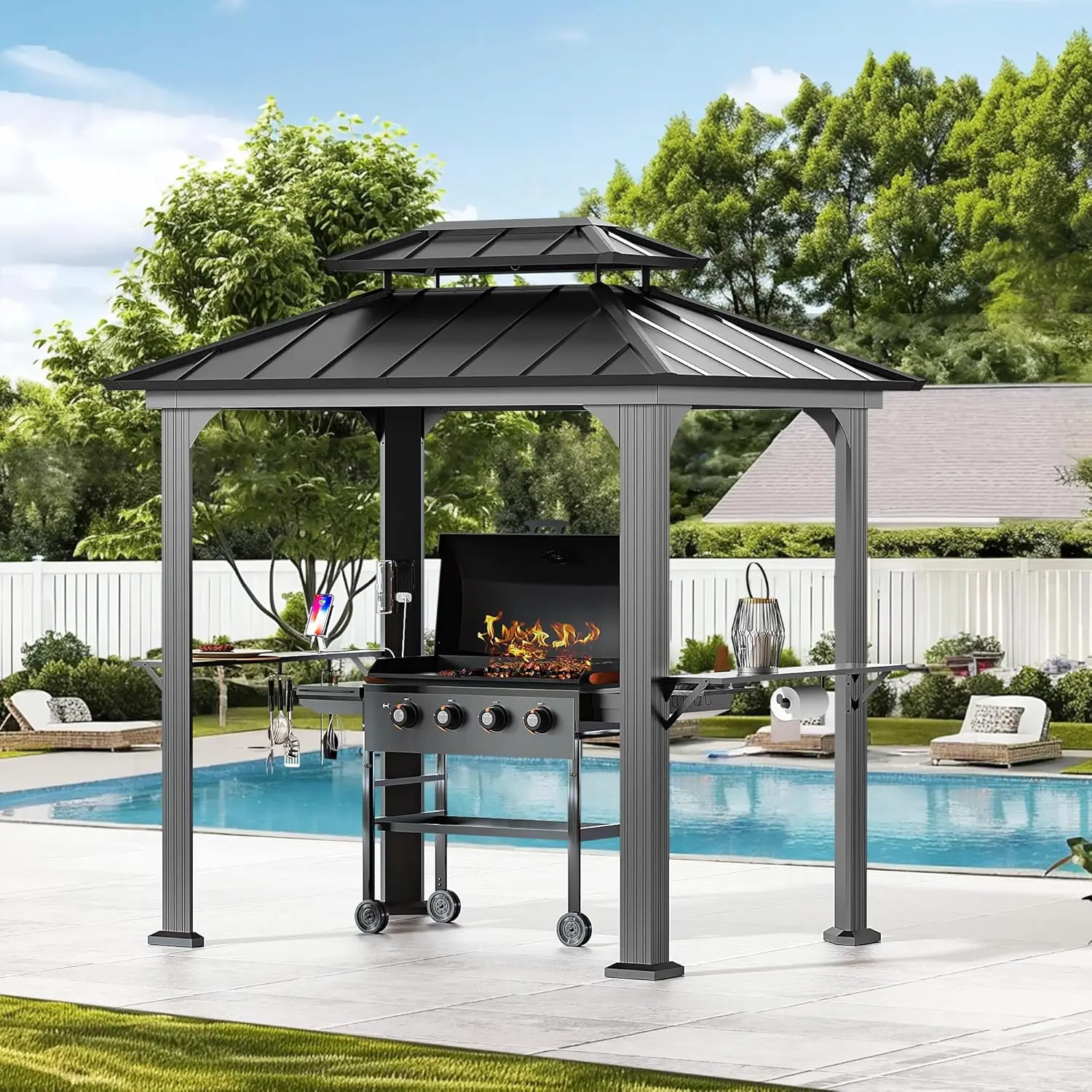 

Grill Canopy with Galvanized Steel Roof, Grill Gazebo with USB and USB-C Charging Ports for Patio