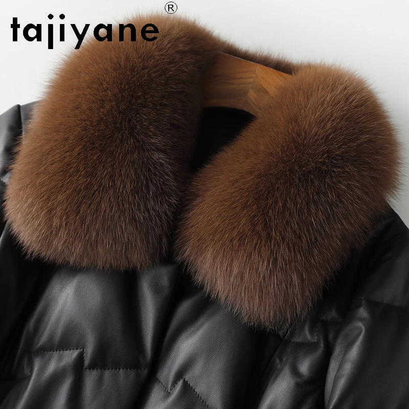 TAJIYANE 100% معطف من جلد الغنم عالي الحبوب أسود طويل من الجلد الحقيقي سترة منفوخة للنساء مع ياقة من فرو الثعلب ملابس شتوية 2025