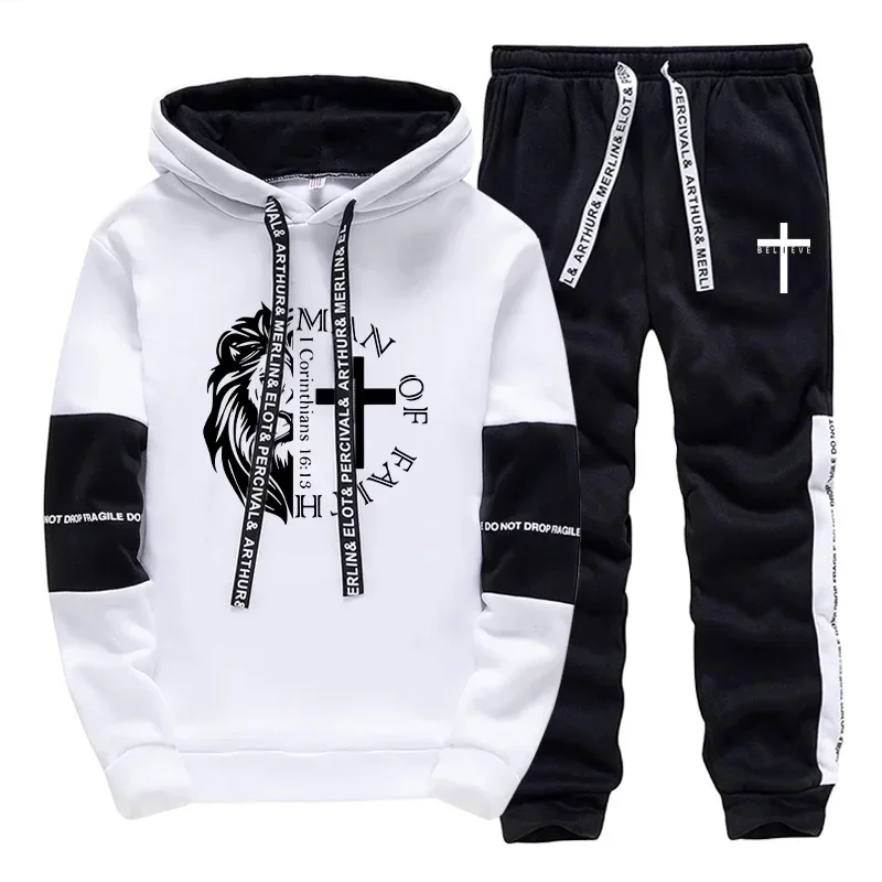 

2025 New Arrival Men's Christian Design Sweatshirts Sweatpants 2pcs Set Fall Winter Urban Casual Sporty Fashion Hoodie Tracksuit