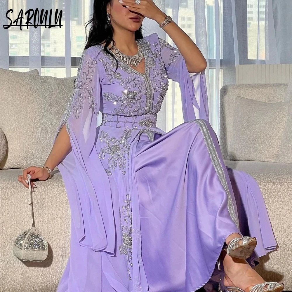 Purple Women Haute Couture Evening Dress Party Shiny Caftan A-line Prom Dresses Elegant Cap Sleeve Gown Vestido De Gala