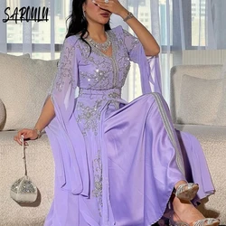 Roxo Mulheres Haute Couture Vestido de Noite Festa Caftan Brilhante A linha Prom Elegante Cap Manga Vestido Personalizado De Gala