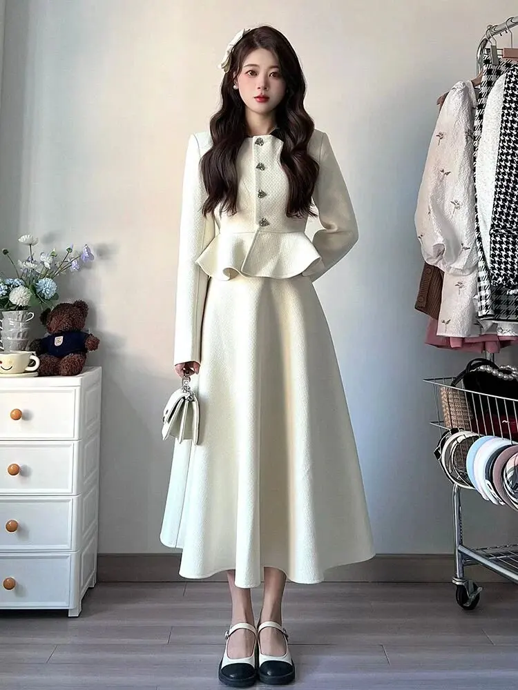 Spring Women\'s Two Piece Dress Set Plus Size Solid Jacket+A Line Skirt Women Two piece Dress Suit Female