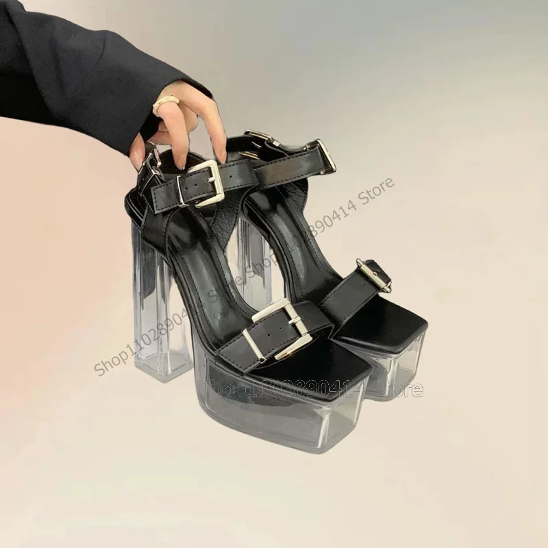 

Black Buckle Decor Clear Heel Platform Sandals Ankle Buckle Strap Women Shoes Chunky High Heel Open Toe 2023 Zapatos Para Mujere