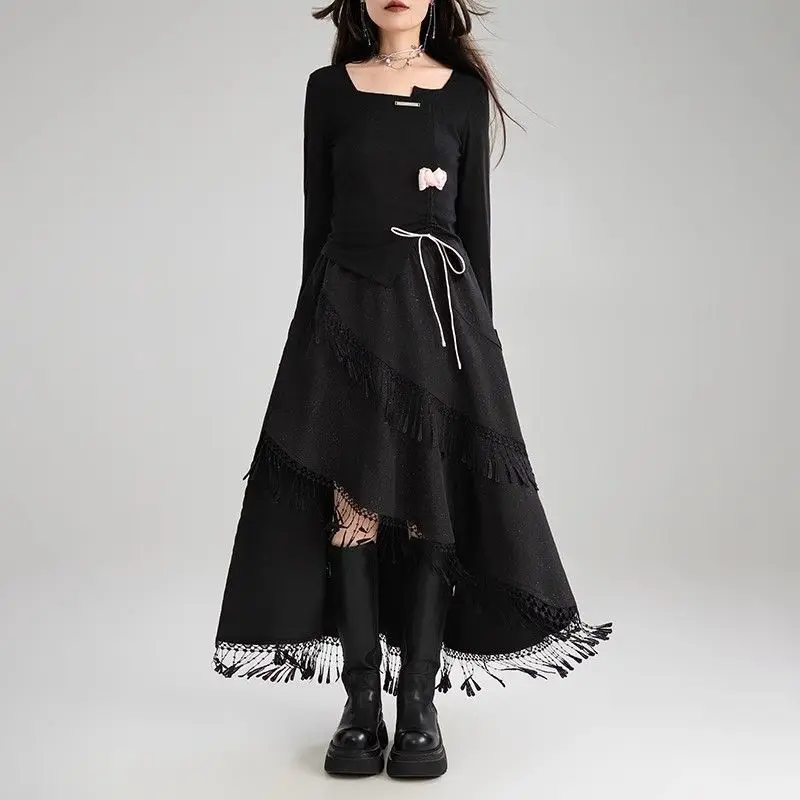 

Cooling Niche Versatile Loose Irregular Black A-line 2025 Spring Summer New Lace Fringed Wasteland Style Tassel Chic Long Skirt