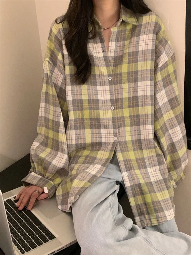 Zoki – chemise à carreaux surdimensionnée pour femmes, chemisier à manches longues, à la mode, Style Preppy, col rabattu, décontracté, Y2K, printemps
