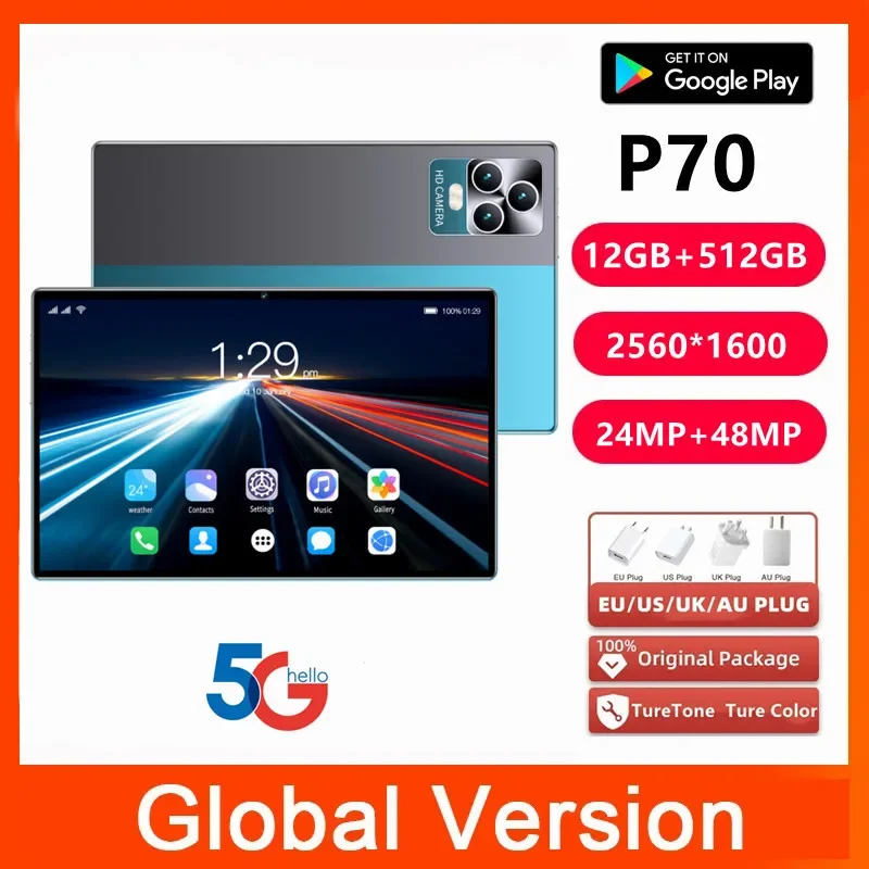 Tablette Android P70 de 2023 Pouces, Version Mondiale, 12 Go de RAM, 10.1 Go de ROM, Bluetooth, Deca Core, 24 + 48MP, WPS + 5G, WIFI, Ordinateur Portable, Offre Spéciale, 512