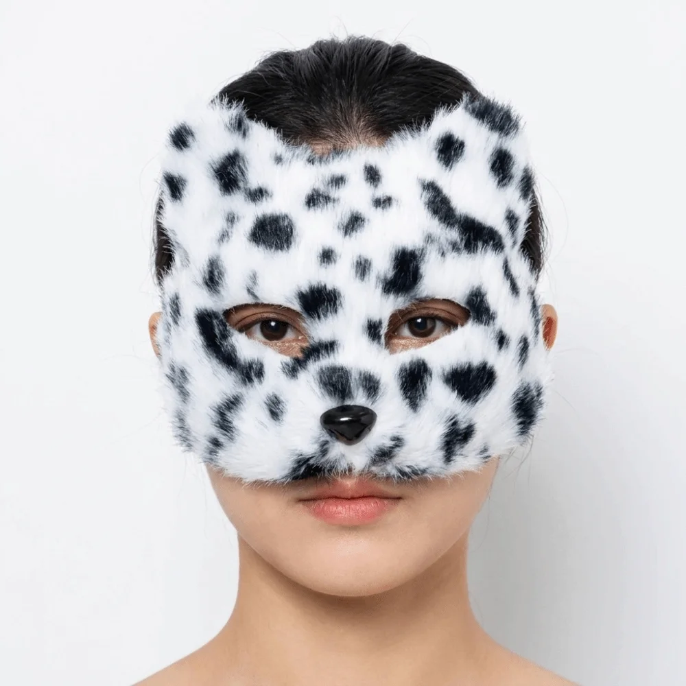 Simple Leopard Print Cat Plush Mask Realistic Animal Halloween Plush Mask Furry Cartoon Half Face Mask Halloween Decoration