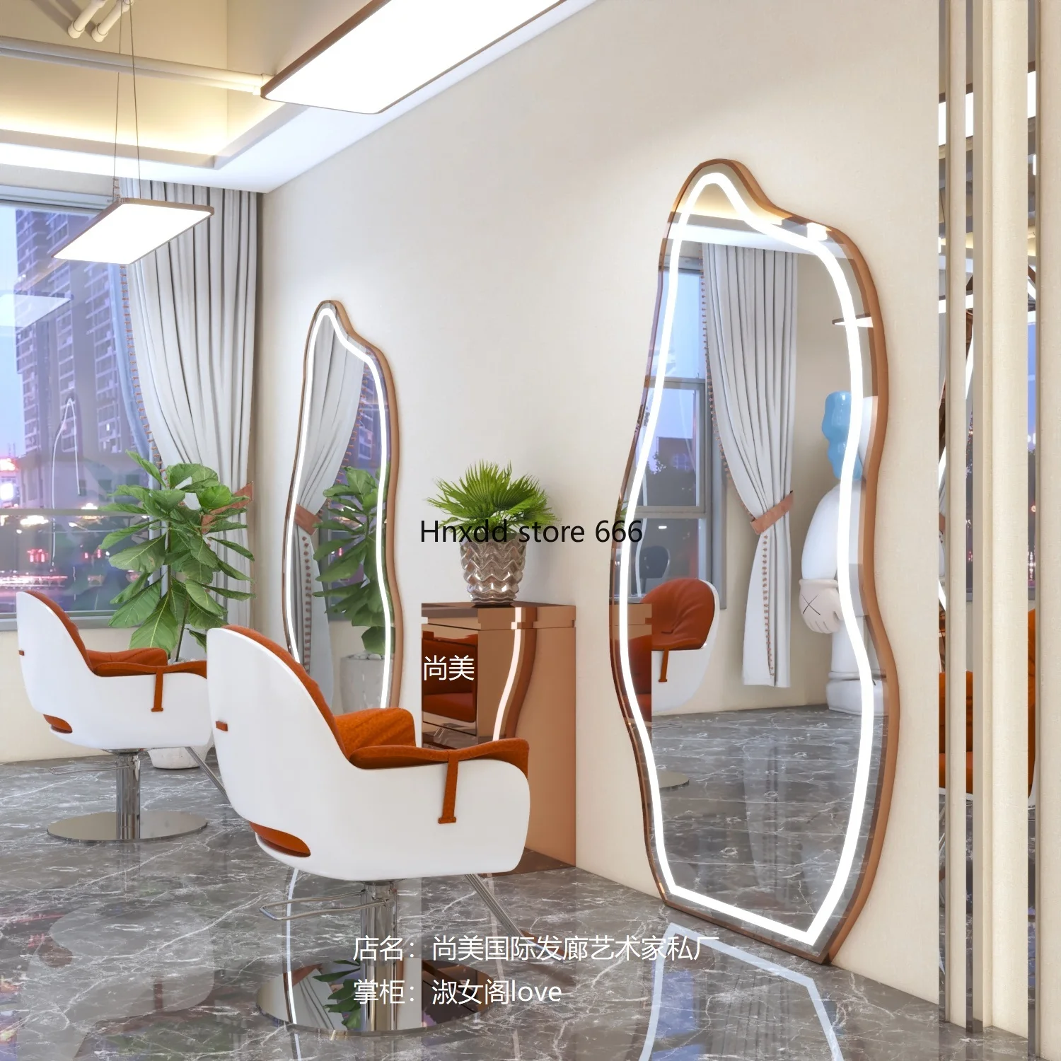 Hair Salon Dressing Table Barber Shop Hair Salon Floor Hair Cutting Full-Length Mirror Single-Sided Hanging with Light