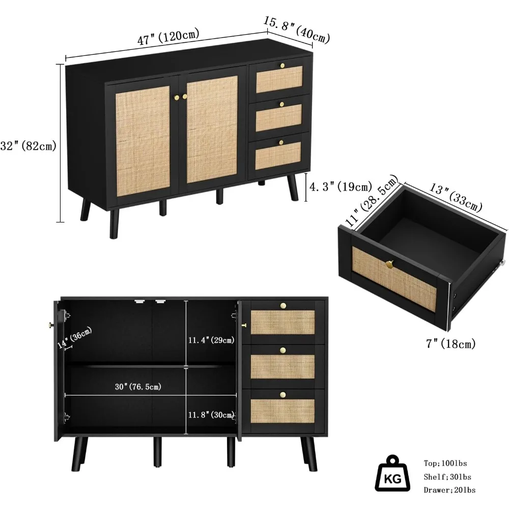 Anmytek Rattan Cabinet, Black Sideboard Buffet Cabinet with 2 Doors and 3 Drawers, Sideboard with Storage Wood Credenza Storage