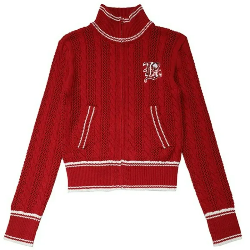 

American Red Knitted Cardigans Women Retro Cotton Hot Girl Style Autumn Sweaters Winter Jumpers New Loose Casual Thin Tops