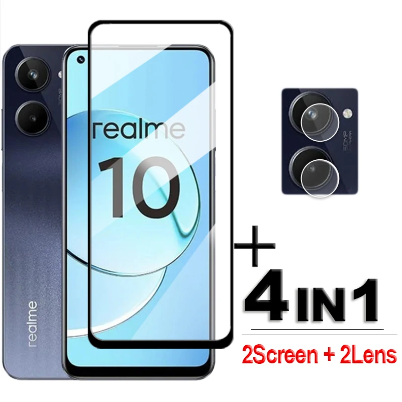 

4 в 1 для Realme 10 стекло для Realme 10 Pro закаленное стекло 2.5D полное покрытие защита экрана Realme 10S 10 4G пленка для объектива 6,4 дюйма