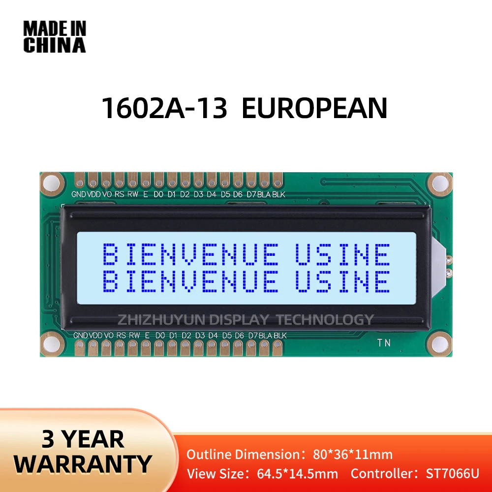 LCD1602A-13 europejski znak matrycowy ekran punktowy szara folia niebieskie litery ST7066U kontroler 5V 3.3V wsparcie rozwój schematu