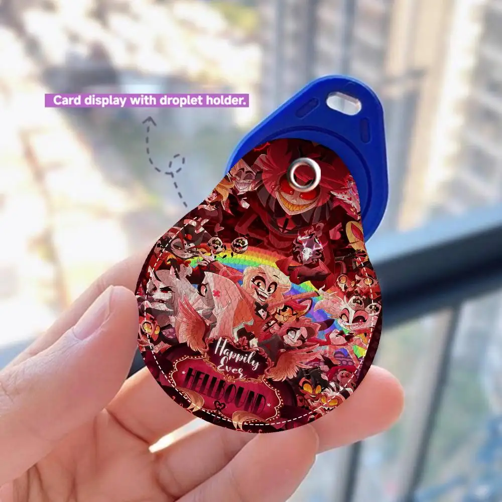 C-Charlie H-Hazbin Keyring Leather Access Card Holder Keychain Community Water Drop Proximity Card Protective Case