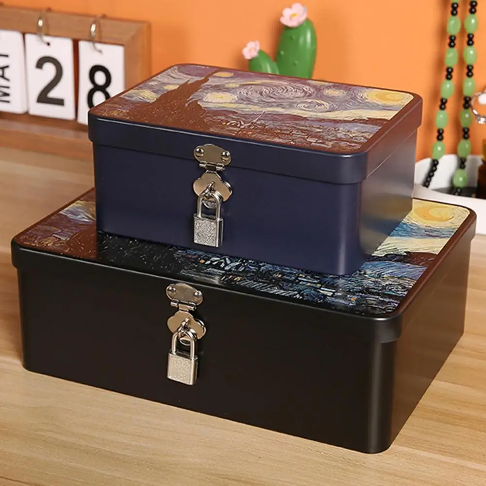 Vintage Tin Box Storage Box With Lock And Key Metal Jewelry Storage Case For Home Decorative Storage Container Male-up Case