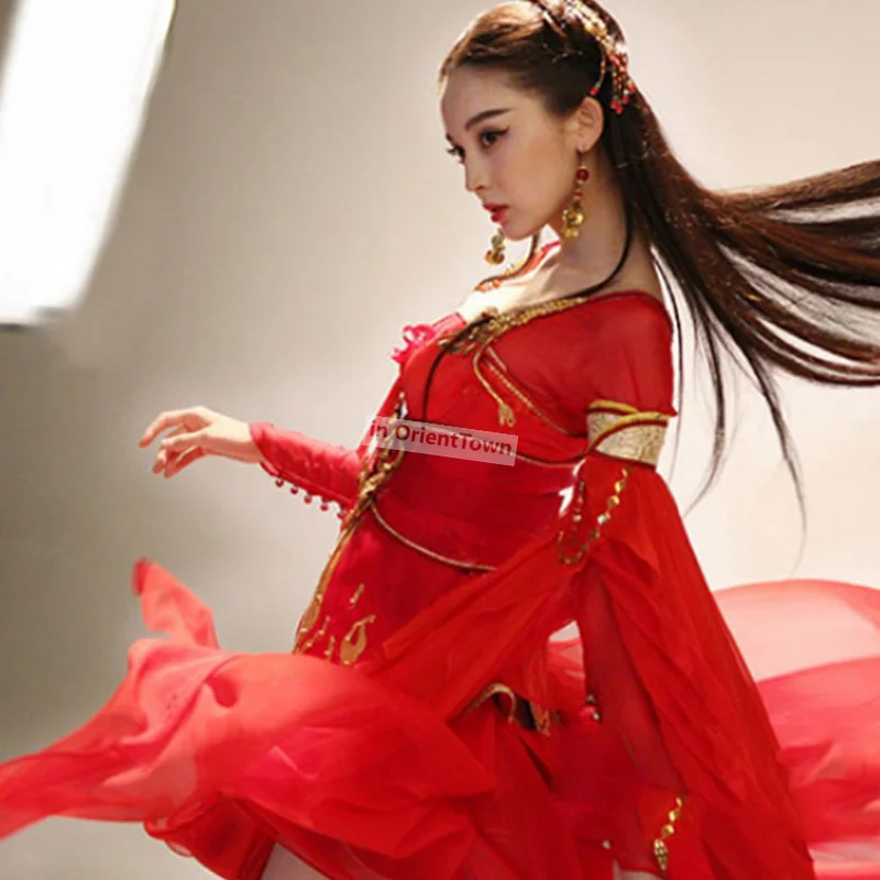 زي الرقص الكلاسيكي القديم في OrientTown، فستان تنكري أحمر وأخضر، ألعاب على الإنترنت مثيرة وأنيقة تؤدي ملابس Hanfu