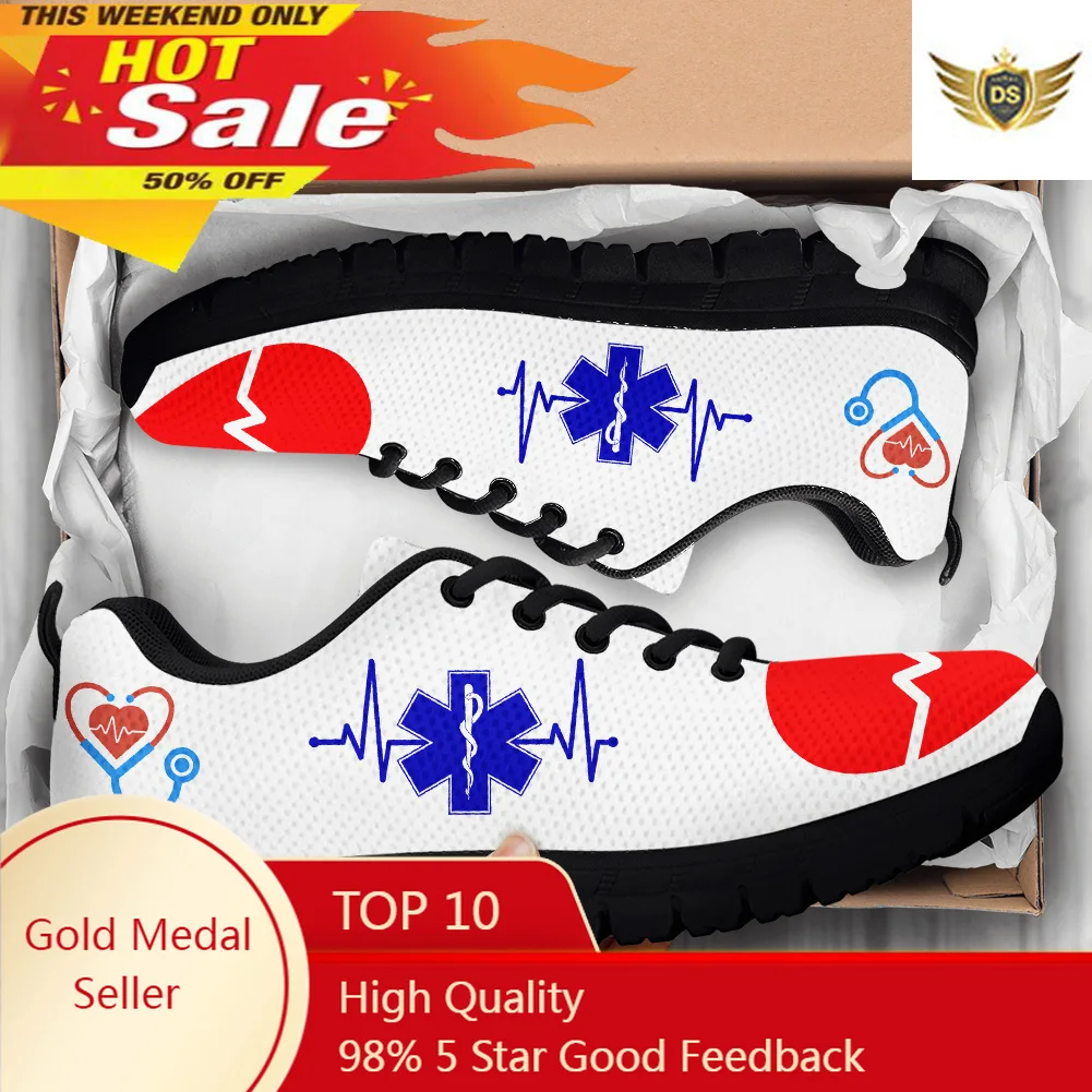 Brand Designer Medical ECG Flat Shoes For Hospital Worker Heart Beat Blue EMT Print Lace Up Sneaker Mujer Zapatos