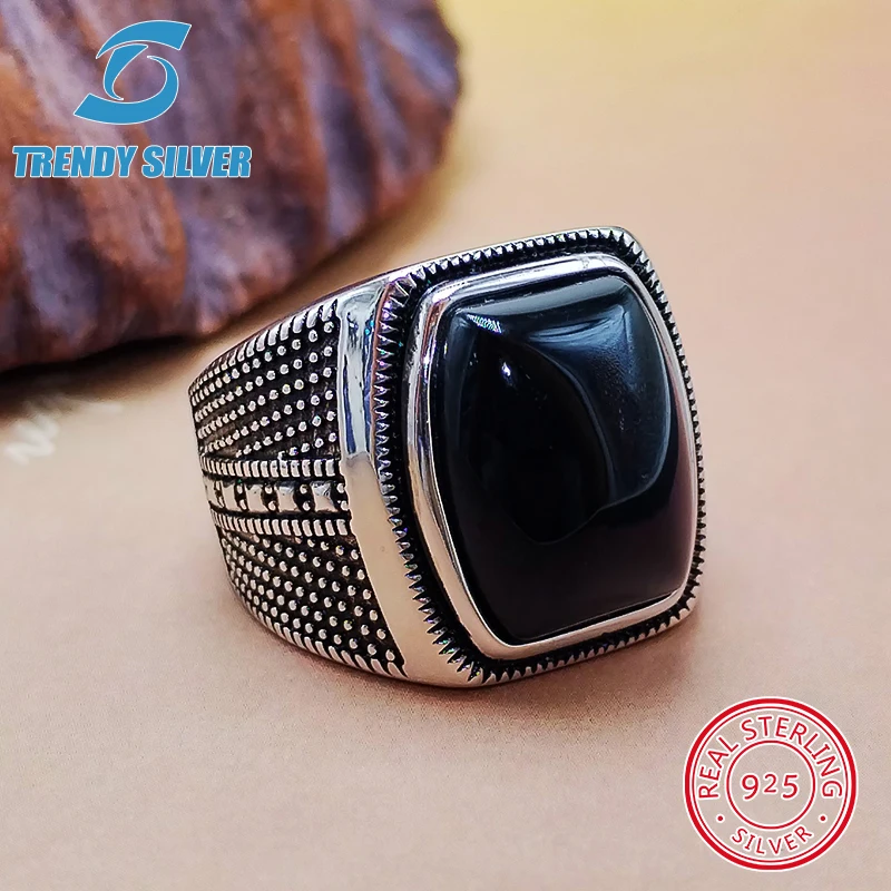 luxury Mens Man rings real 925 sterling silver certified original jewelry for men natural gemstone black onyx stone ring male