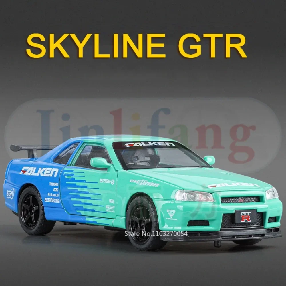 

1:32 SKYLINE GTR Model Toy Sports Car Alloy Diecast with 4 Doors Opened Sound Light Pull Back Rubber Tires Vehicle Gift for Kids