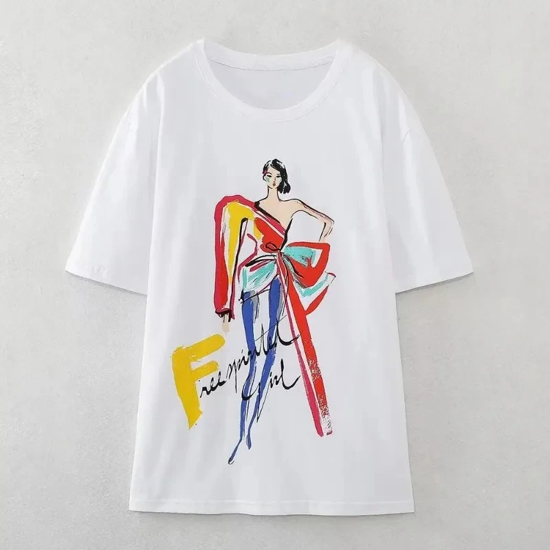 2024 Summer Women's Large Printed Round Neck Comfortable Breathable T-Shirt Women's Casual Harajuku Retro T-Shirt Tops