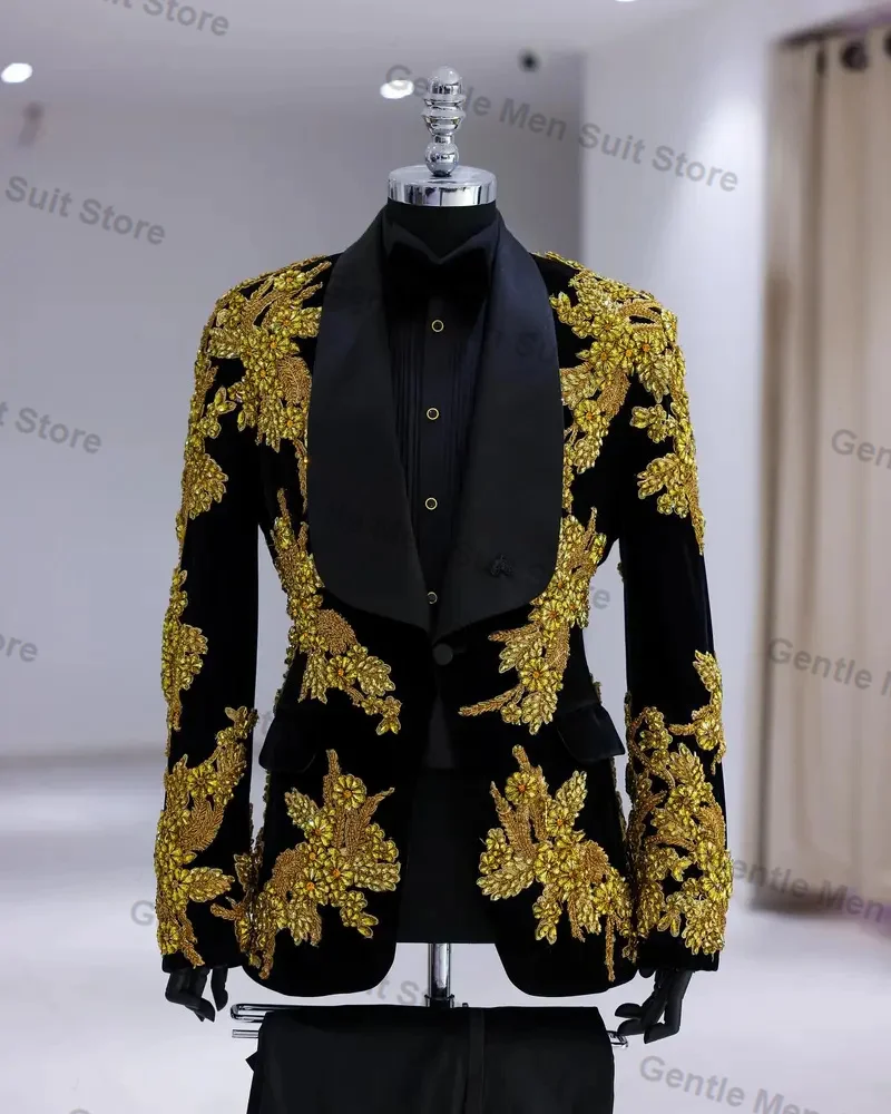 Golden Black Men Suits Set 2 Piece Blazer+Pant Appliqued Male Prom Groom Wedding Tuxedo Coat Tailored Made Formal Office Jacket