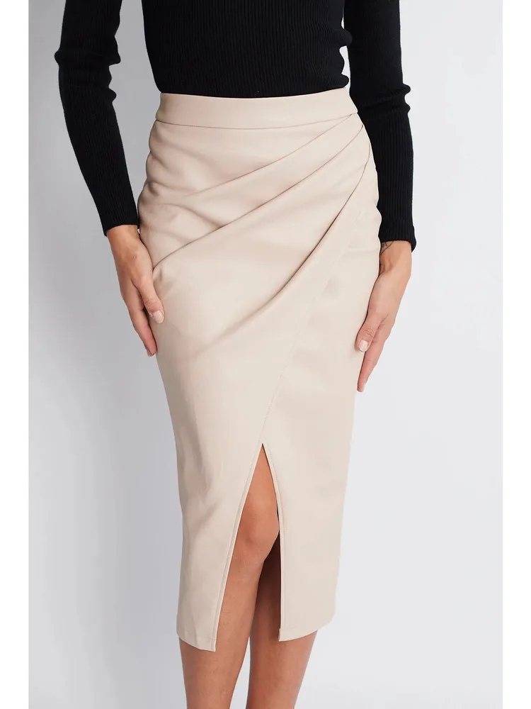 Dames herfst winter pu leer hoog getailleerde rits geplooide midi rokken sexy bodycon kantoor dame trendy rok
