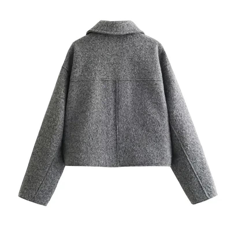 TRAF Winter Coat Female Tweed Faux Wool Coats Autumn 2024 Demi-Season Cropped Gray Coat Woman Long Sleeve Solid Short Coats