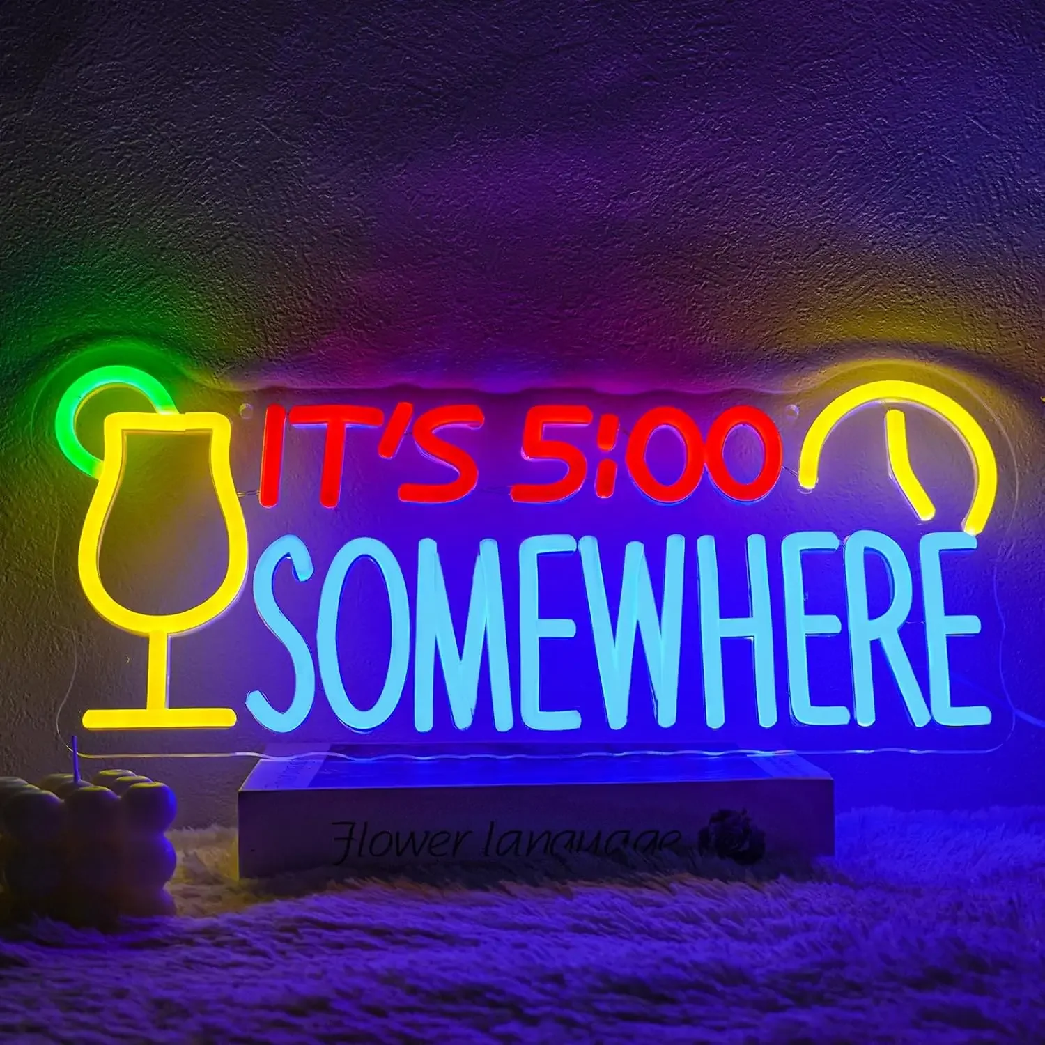 It's 5:00 Somewhere Neon Sign Colorful Cocktail Clock LED Wall Art Acrylic USB Dimmable Hanging Light Bar Home Party Decor