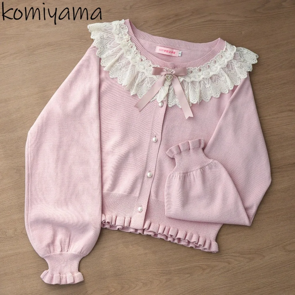 

Pearl Single Breasted Woman 2025 Cardigan Bow Knit Ropa Mujer Lolita Sweater Sweet Lace Spliced Pulls Femmes Winter Clothes