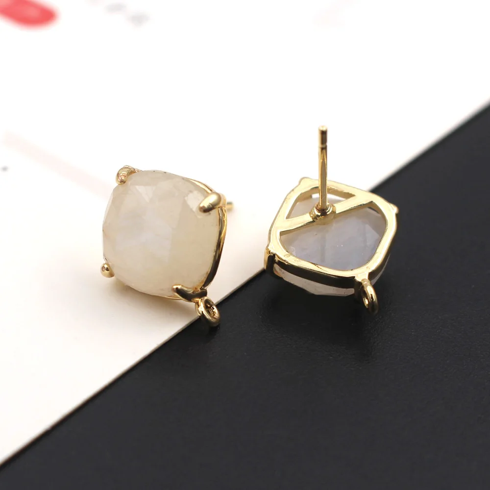 10pair Gold Plated Square Ear Posts Studs Rose Quartz Moon Stone Stone Earrings Linker Connectors Women DIY Jewelry Accessories