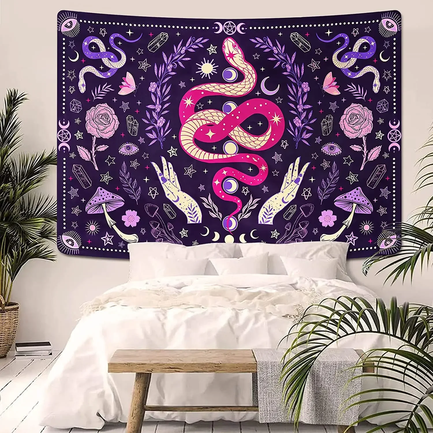 Aesthetic Snake Witchcraft Tapestry Mushroom Moon Phase and Stars Tapestries Butterfly and Flower Wall Hanging Boho Home Decor