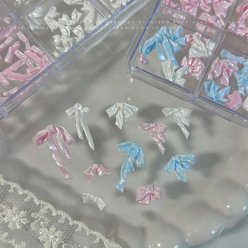 48/72개 네일 새틴 라이트 네일 참 보우노트 주얼리 소프트 카빙 레진 보우 타이 네일 아트 데코레이션 리본 보우 라인스톤