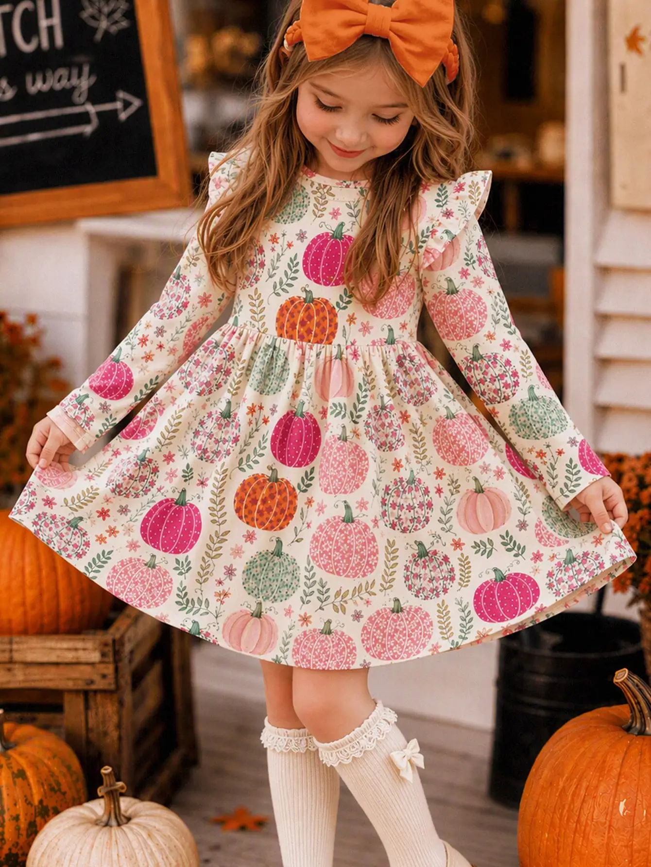 Pumpkin Apricot Orange, Cute Pastoral Story Colorful Pumpkin Floral Illustration Print, Girls' Casual Round Neck Flutter Sleeve Long Sleeve Dress, Suitable For Autumn/Winter Daily, Farm, Halloween, Thanksgiving, Cozy Vibes, Fall Vibes