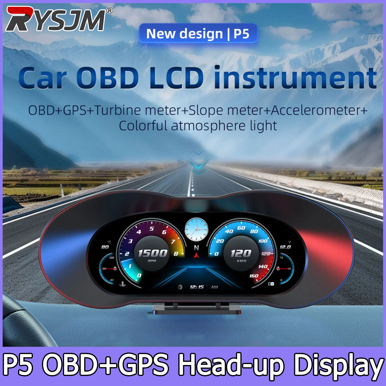 P5 OBD GPS Auto HUD LCD Neigungsmesser Bordcomputer Digitales Head-Up-Display Tachometer Navigationsanzeige Alarm Wasser- und Öltemperatur