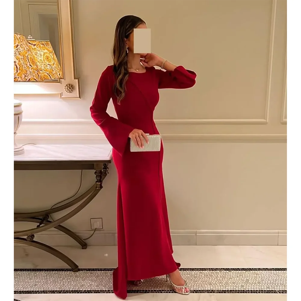 

Red Evening Dress Evening Dresses Customized Scoop Neck Long Sleeves Mermaid Evening Gowns Asymmetrical Length Robe De Soiree