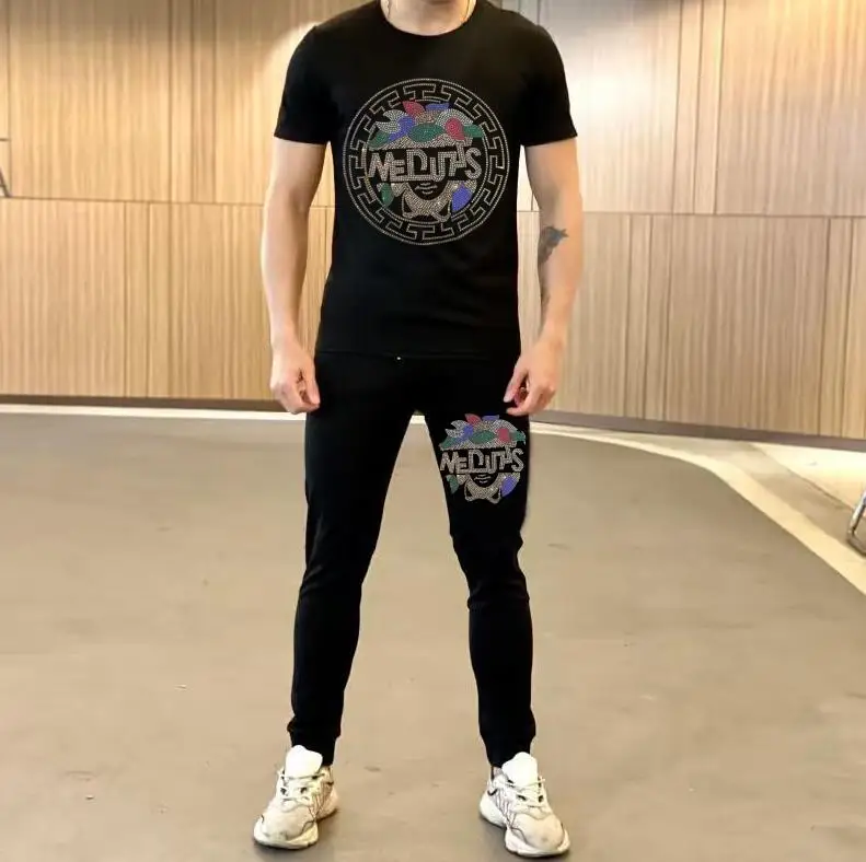 S-4XL Rhinestones Anime Graphic  Man's Tracksuits   Camouflage  cotton  Men's  Outfits hot drilling 2pcs set