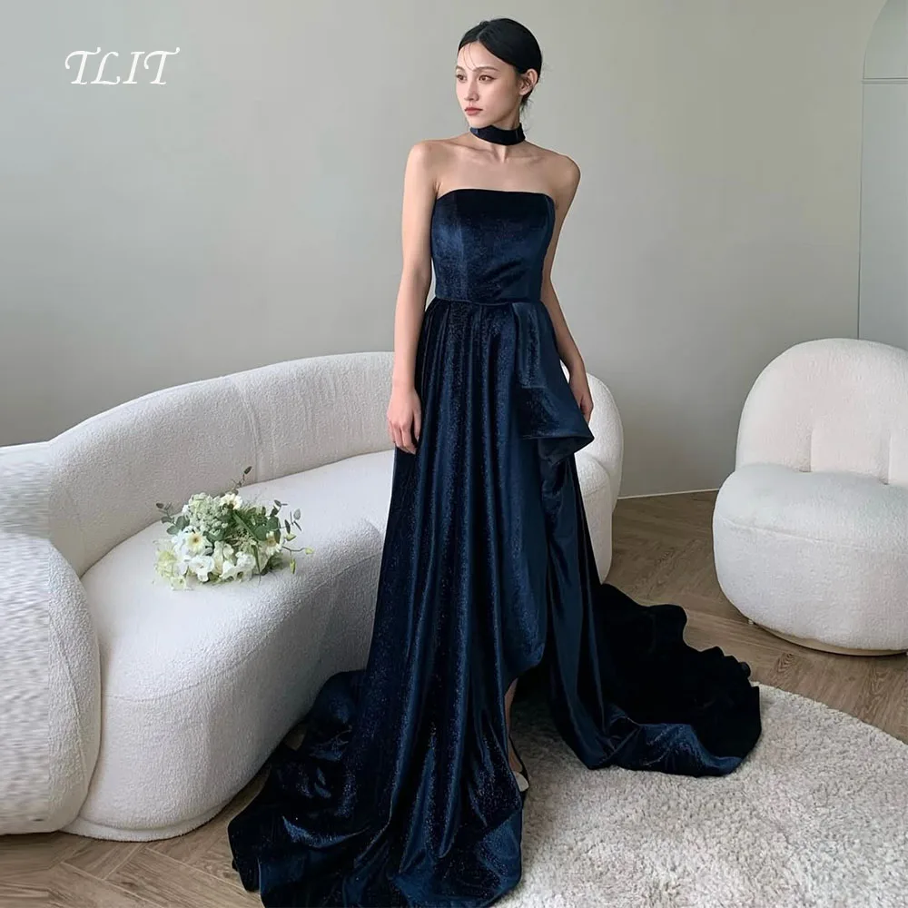TLIT-vestido de noche moderno de terciopelo azul profundo, vestidos de novia coreanos, sesión de fotos, vestido de graduación sin tirantes personalizado