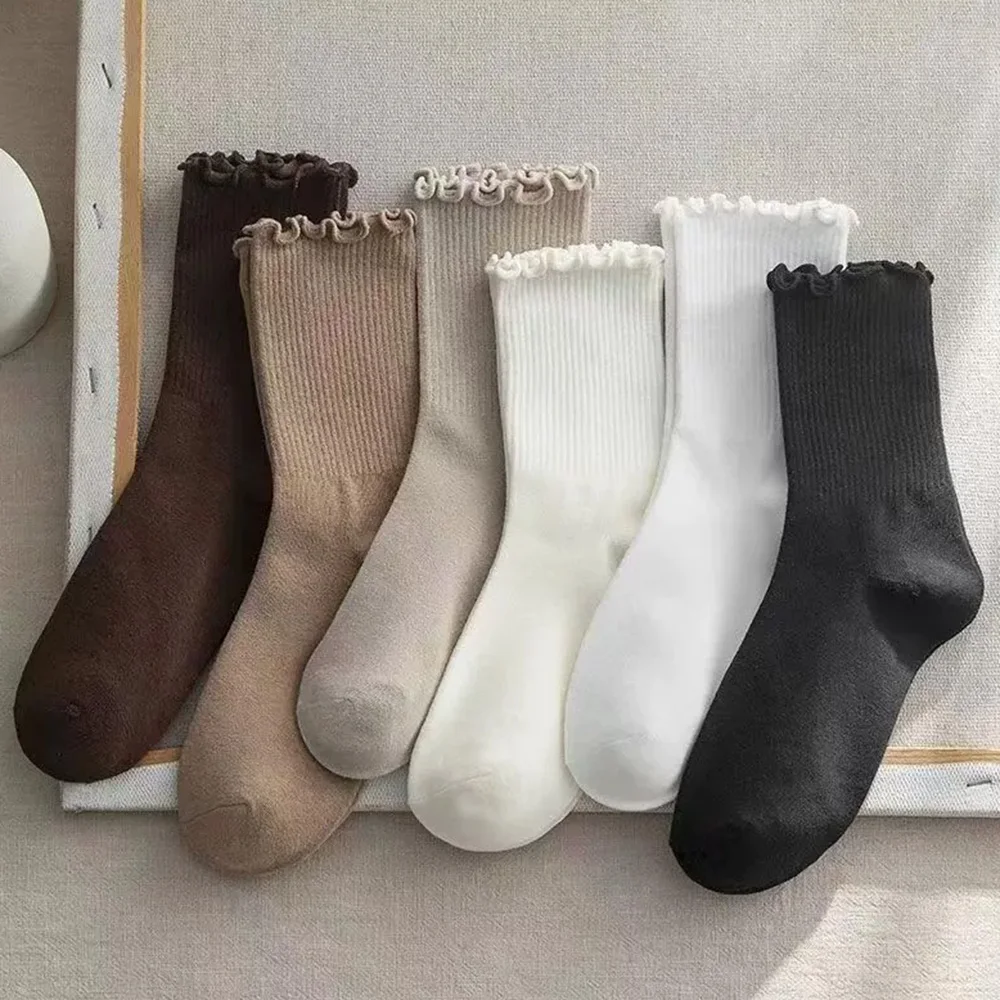 

6 Pairs Solid Color Women's Middle Tube Socks Fashionable Fungus Edge Casual Spring Summer Stockings