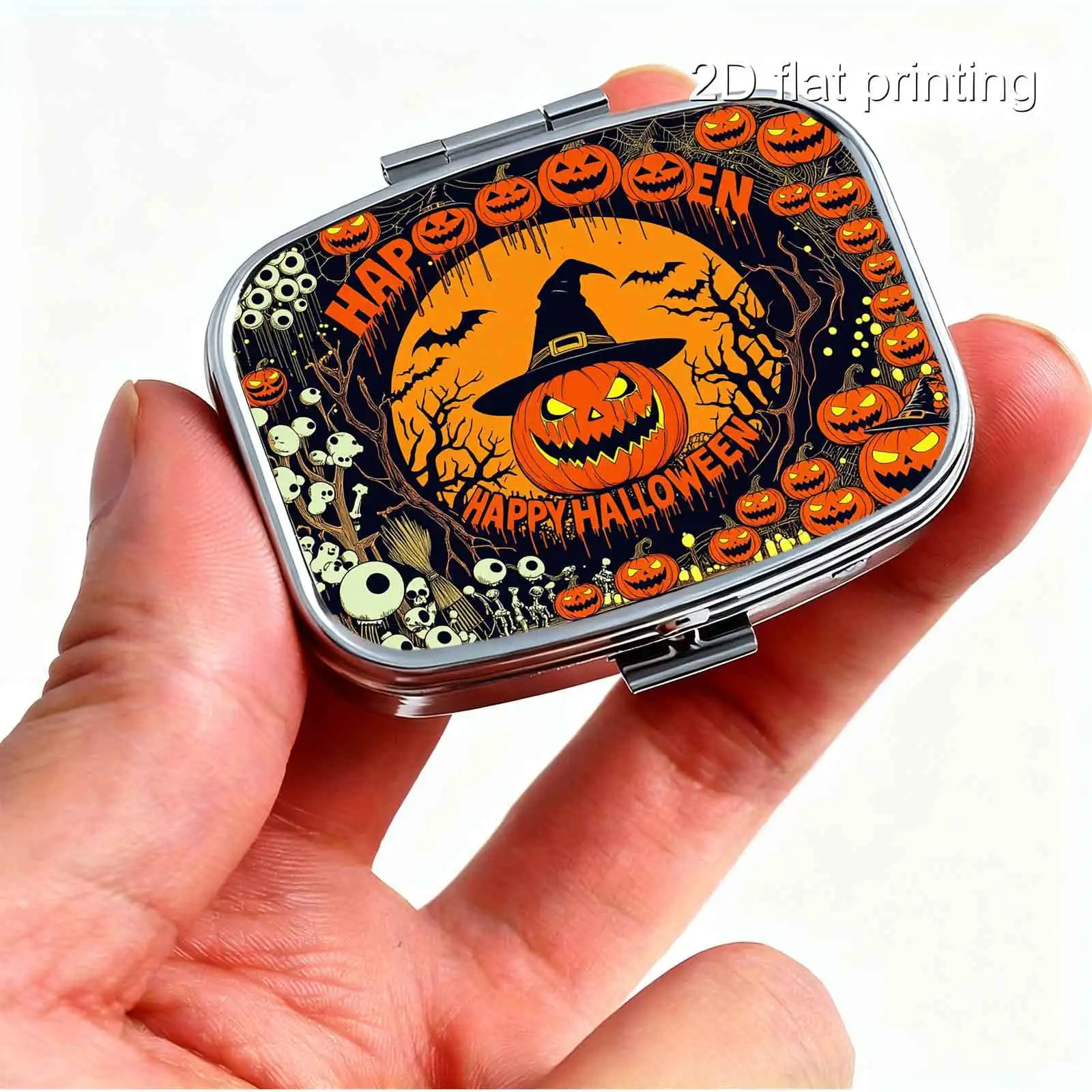 1Pc, Flat, American Retro Print Style Halloween Pumpkin, Wizard Hat, Skull, Bat, Dead Tree Halloween Illustration Pattern, Square Two-Compartment Small Pill Box, Portable Medicine Storage, Small Jewelry Storage, Suitable for Handbags or Travel, Holiday Gifts, Souvenirs, Prizes, Small Gifts, Suitable for Personal Use or as an Exquisite Gift