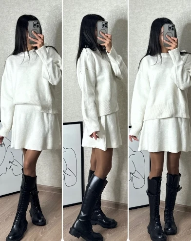 Solid color round neck loose top simple and versatile college style knitted sweater short group set for women