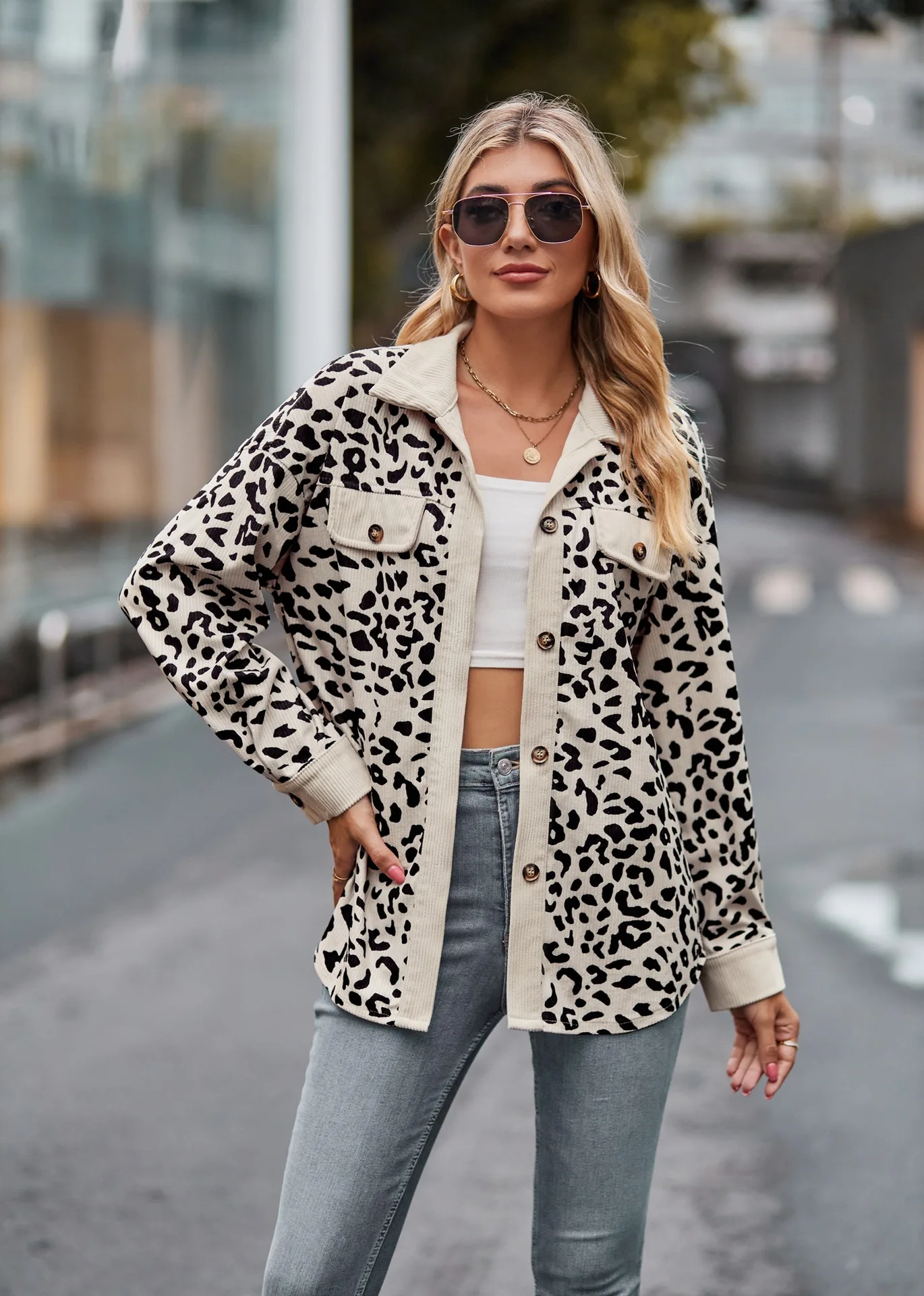 2026 autumn new women's coat, fashionable leopard print pocket button lapel long sleeved jacket, shirt jacket for women