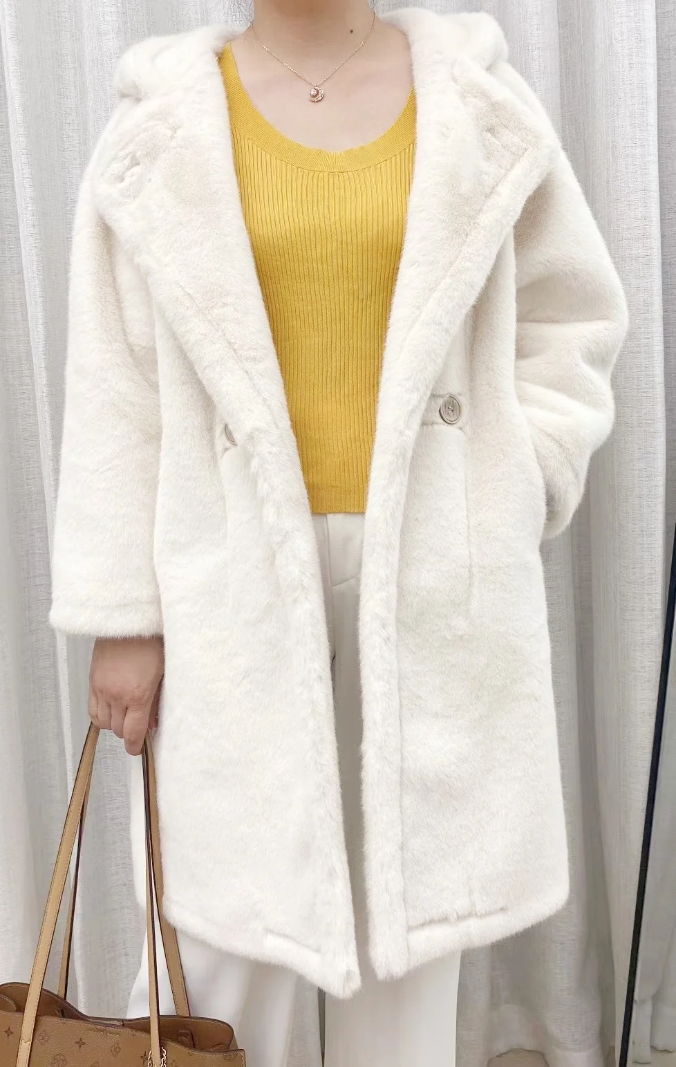 Faux fur coat jacket midi hooded double-breasted thickened warm loose women's coat Fall/Winter 2024 new