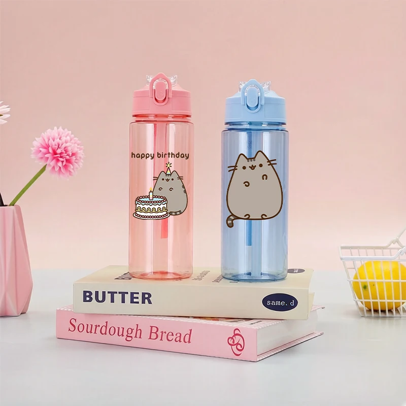 

Cute Pusheens Woman Water Bottle with Straw Kawaii Anime Trend Girl Travel Handheld Lifting Rope Water Bottle Sport Portable Cup