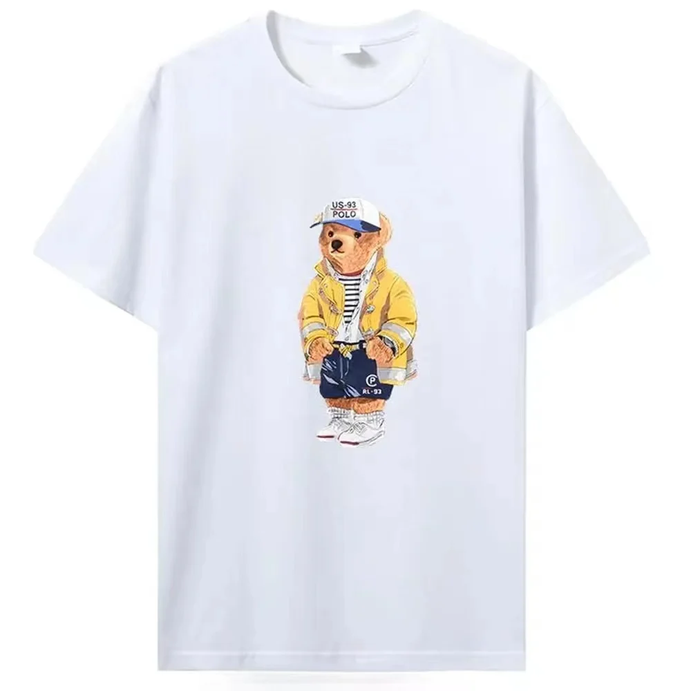 Printed bear fashion casual men\'s summer 100% cotton T-shirt short sleeve top loose crew neck bottom shirt fashion casual solid