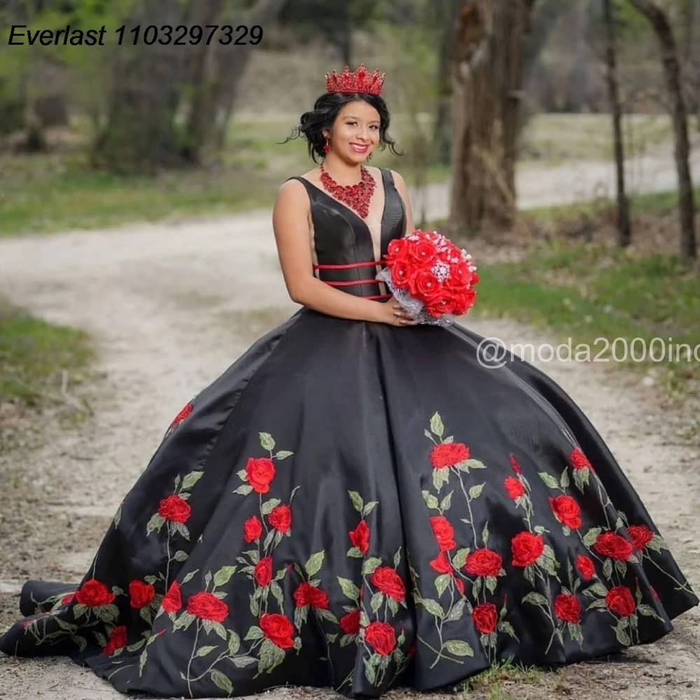 

EVLAST мексиканское черное платье Quinceanera бальное платье красное цветочное аппликация бисером V-образный вырез корсет милое 16 Vestido De 15 Anos TQD930