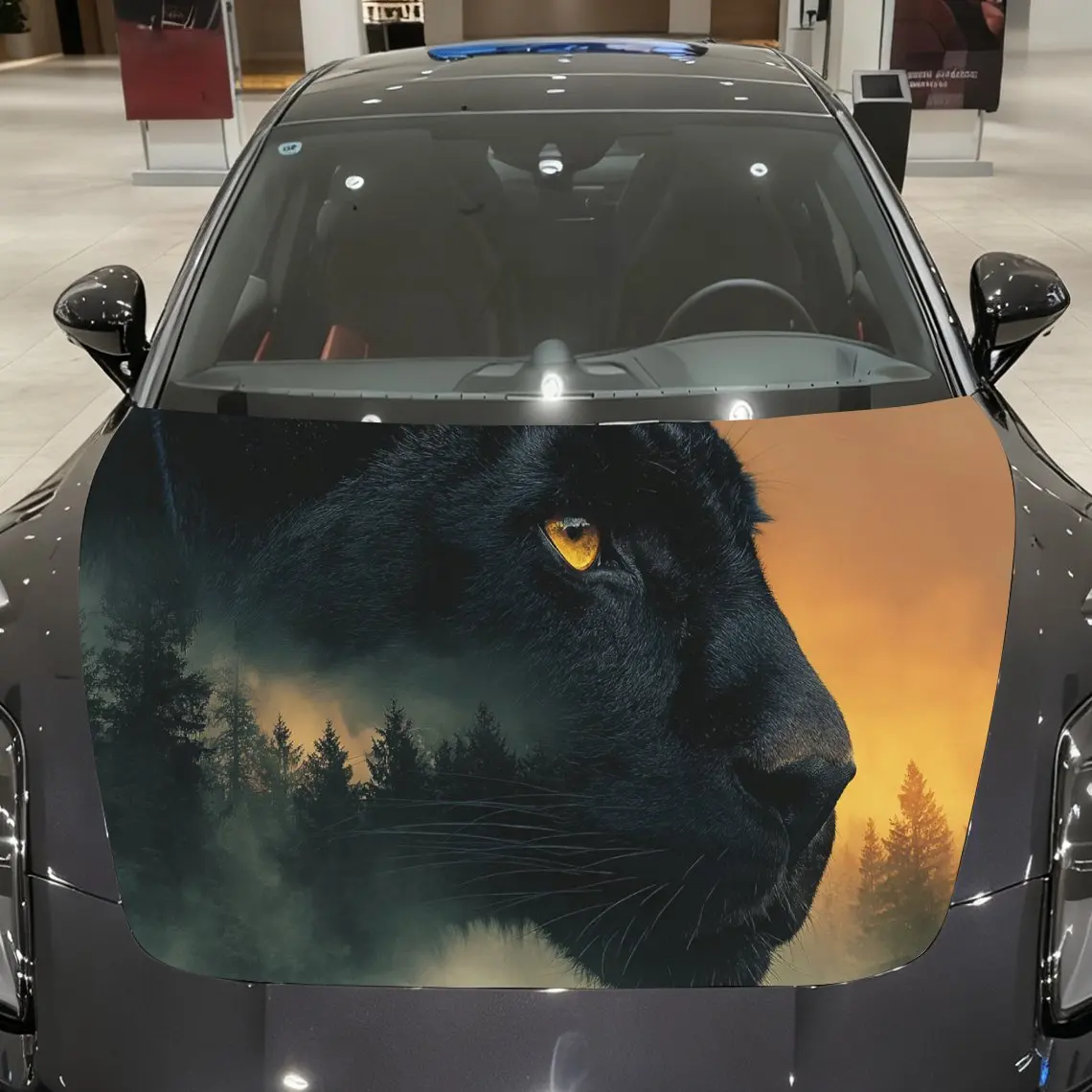 

Dusk Flame Panther Car Vinyl Wrap, PVC Material Waterproof Car Hood Sticker, Self-Adhesive Scratch-Resistant Stickers for Engine