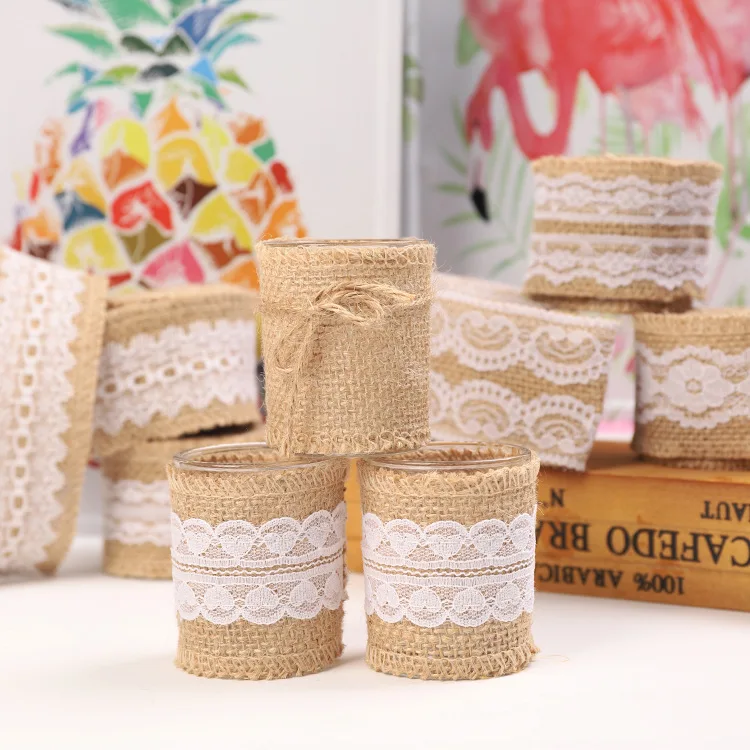 1 Meter Length Jute Burlap Rolls Hessian Ribbon White Lace Vintage Rustic Wedding Decoration DIY Crafts Party Gift Packaging