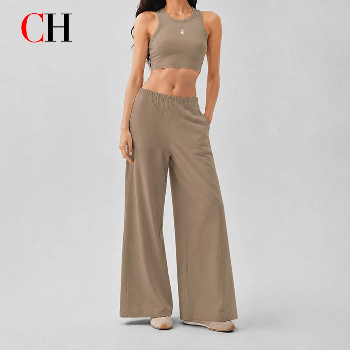 CH Women Activewear Set Crop Top Wide Leg Pants 2 Piece Yoga Suit Casual Lounge Tracksuit Sports Outfit