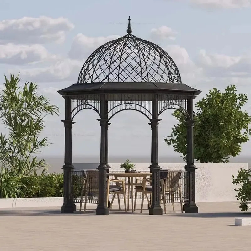 Elegant Wrought Iron Gazebo for Garden Parks Outdoor Cafes with Decorative Metal Roof and Balustrades