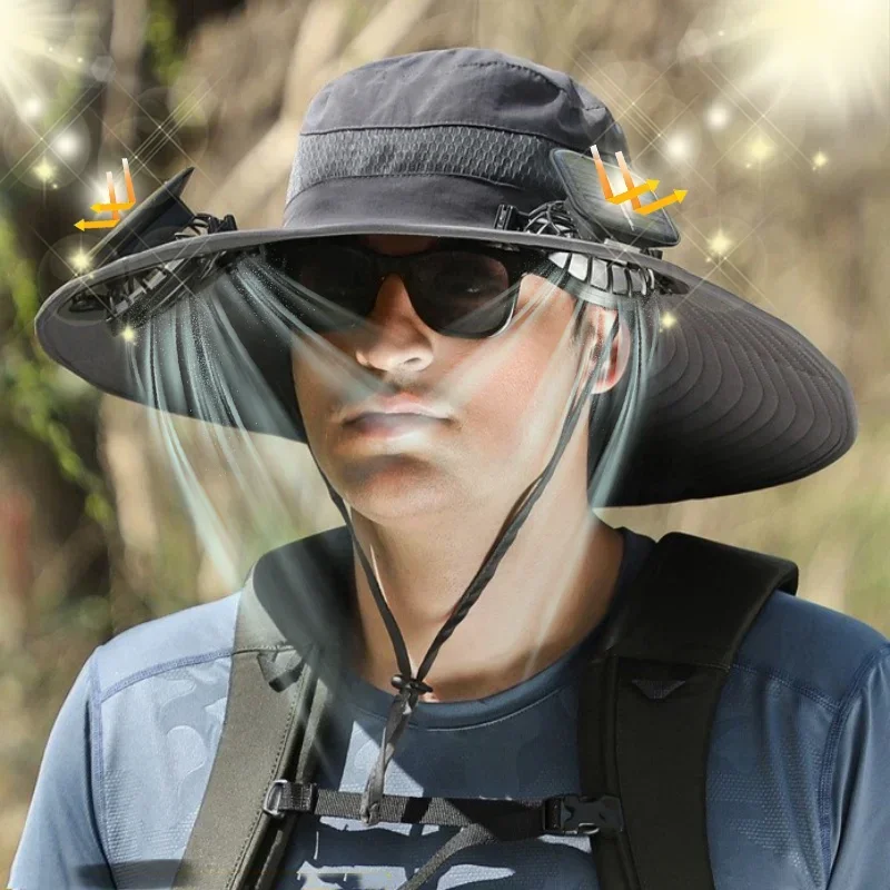 2026/OEM Solar Fan Cap Solar Powered Cooling Fan Hat - Wide Brim Bucket Hat for Fishing, Hiking & Outdoor Sun Protection